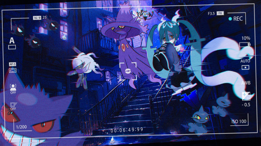 1girl alley aqua_hair black_thighhighs chandelure detached_sleeves floating gastly gengar ghost ghost_miku_(project_voltage) glitch gradient_hair grey_shirt hair_between_eyes hatsune_miku highres hisuian_zoroark litwick mismagius mizuiro_abokado multicolored_hair pokemon pokemon_(creature) project_voltage see-through see-through_skirt shirt shuppet skirt sleeves_past_fingers sleeves_past_wrists stairs thigh-highs twintails vocaloid will-o'-the-wisp_(mythology) window yellow_eyes