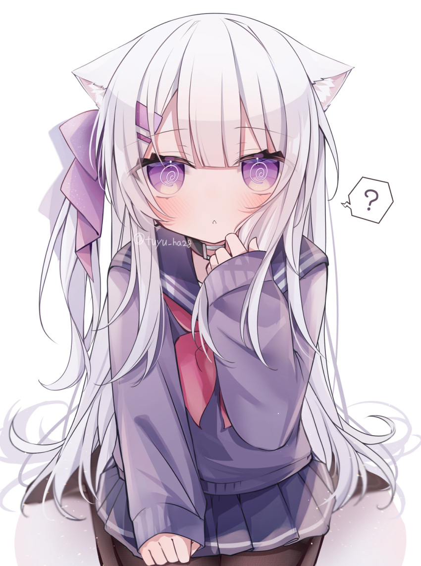 1girl ? @_@ animal_ear_fluff animal_ears black_pantyhose blue_sailor_collar blue_skirt blush bow cat_ears commentary_request grey_hair hair_bow hand_up highres long_hair long_sleeves looking_at_viewer neckerchief no_shoes one_side_up original pantyhose parted_lips pleated_skirt puffy_long_sleeves puffy_sleeves purple_bow purple_sweater red_neckerchief ringouulu sailor_collar school_uniform serafuku shadow simple_background sitting skirt sleeves_past_wrists solo spoken_question_mark sweater twitter_username very_long_hair violet_eyes wariza white_background