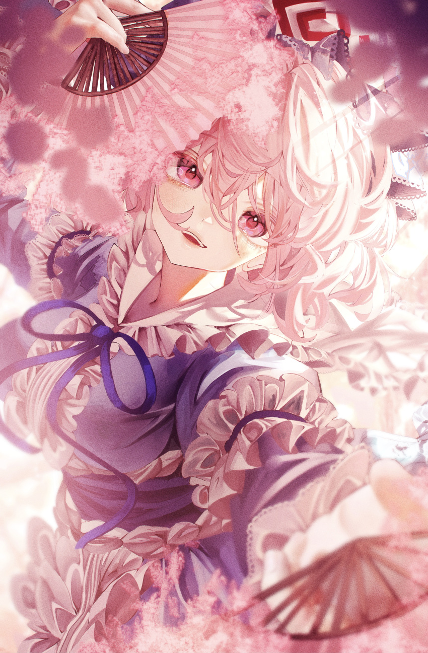 1girl absurdres flower frilled_kimono frills hand_fan highres holding holding_fan japanese_clothes kimono looking_at_viewer pink_eyes pink_hair puffy_sleeves saigyouji_yuyuko solo toho_sweet touhou