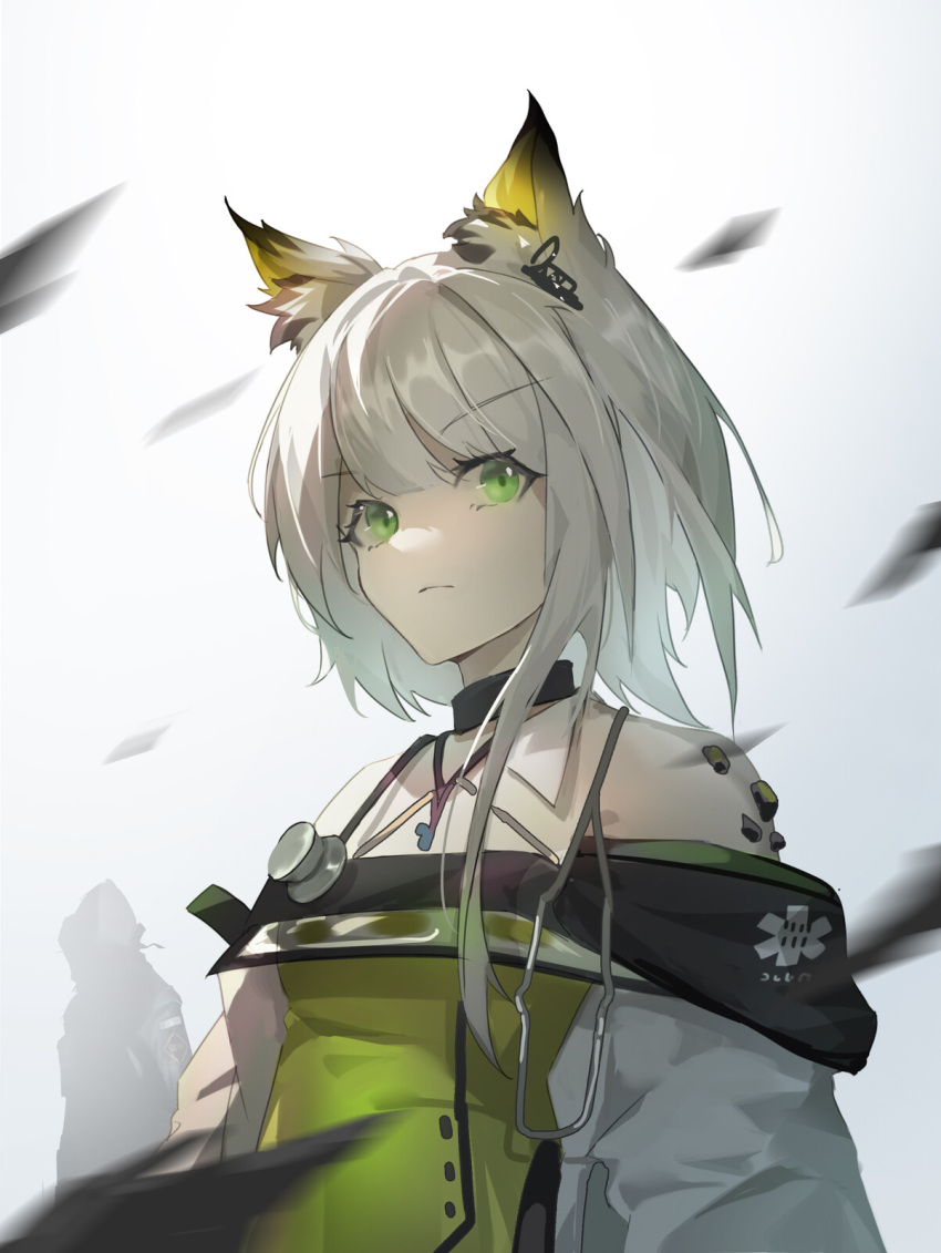 1girl 1other animal_ears arknights bare_shoulders cat_ears cat_girl doctor_(arknights) green_eyes highres kal'tsit_(arknights) oripathy_lesion_(arknights) shiqi_tokii sideways_glance solo_focus stethoscope white_hair