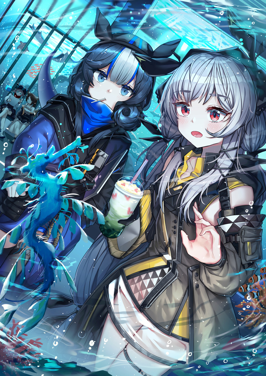 4girls :o absurdres animal_ears aquarium arknights beanie blue_eyes blue_hair brown_eyes brown_hair chewi cup deepcolor_(arknights) fish glaucus_(arknights) glaucus_atlanticus grey_hair hat highres holding holding_cup mouth_hold multiple_girls perfumer_(arknights) red_eyes tablet_pc tail water weedy_(arknights)