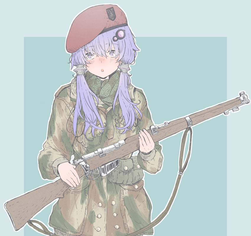 1girl absurdres beret bolt_action british_army camouflage camouflage_jacket commission green_background green_jacket green_scarf gun hat highres jacket lee-enfield military_uniform open_mouth purple_hair red_headwear rifle scarf shichisaburo skeb_commission solo special_air_service twintails uniform voiceroid weapon yuzuki_yukari