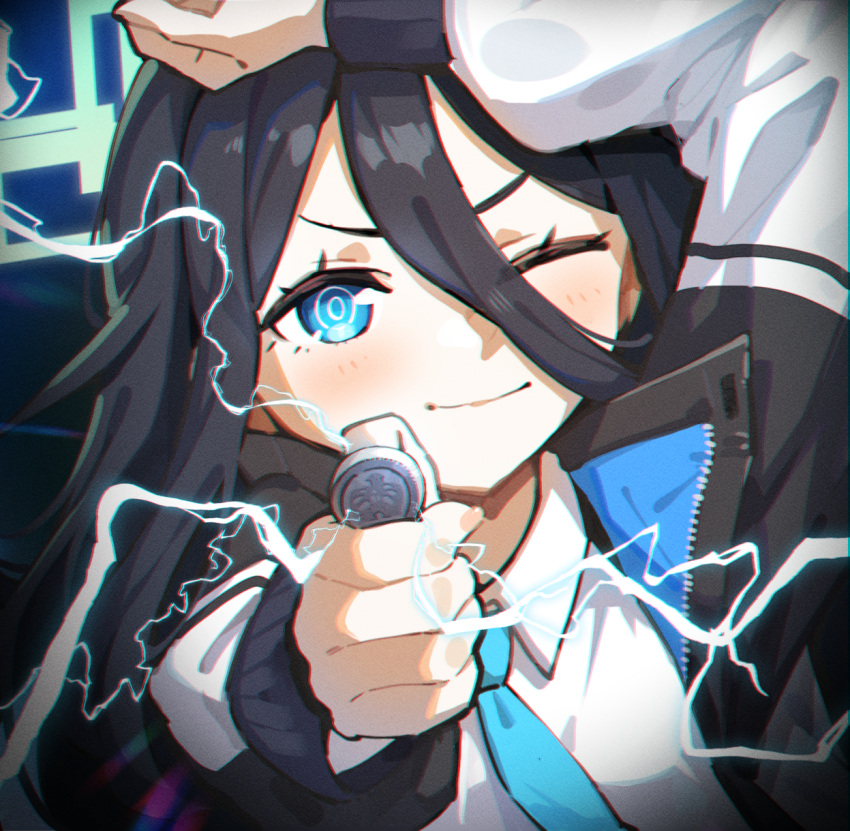 1girl 2ta2ta absurdly_long_hair aris_(blue_archive) black_hair blue_archive blue_eyes blue_necktie blush closed_mouth coin collared_shirt electricity green_halo halo highres jacket long_hair long_sleeves looking_at_viewer necktie one_eye_closed parody ringed_eyes shirt solo toaru_kagaku_no_railgun toaru_majutsu_no_index two-sided_fabric two-sided_jacket upper_body very_long_hair white_jacket white_shirt