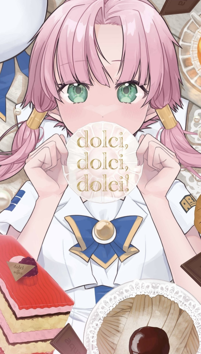 1girl aogirism aria aria_company_uniform beret blue_bow blue_bowtie blush bow bowtie cake cake_slice candy chocolate chocolate_bar cover cover_page covering_mouth doujin_cover dress eyelashes food from_above gold_trim green_eyes hair_ornament hair_tubes hands_up hat hat_ribbon highres holding italian_text looking_at_viewer lying mizunashi_akari on_back parted_bangs pastry pink_hair plate ribbon sailor_collar short_hair_with_long_locks short_sleeves solo unworn_hat unworn_headwear upper_body white_dress