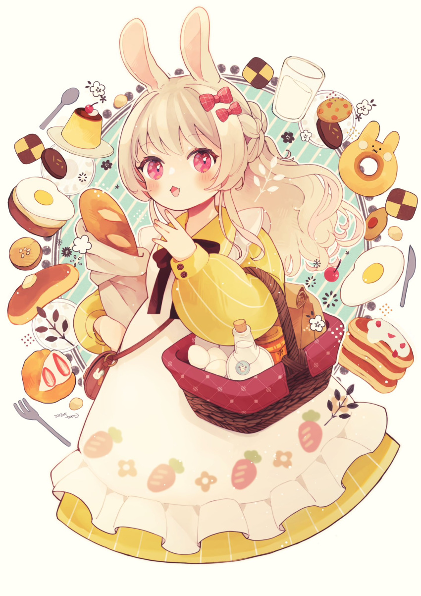 1girl animal_ears bag baguette basket black_bow black_bowtie blonde_hair blush bottle bow bowtie braid bread carrot_print cherry commentary cookie cowboy_shot cropped_torso cup dress drinking_glass egg food food_print fork fried_egg fruit hair_bow half_updo hand_up highres long_hair looking_at_viewer milk_bottle open_mouth original pancake pancake_stack paper_bag plate pudding rabbit_ears red_eyes shoulder_bag signature simple_background single_braid solo spoon striped striped_dress tabi_0v0 vertical_stripes wavy_hair white_background white_dress yellow_dress