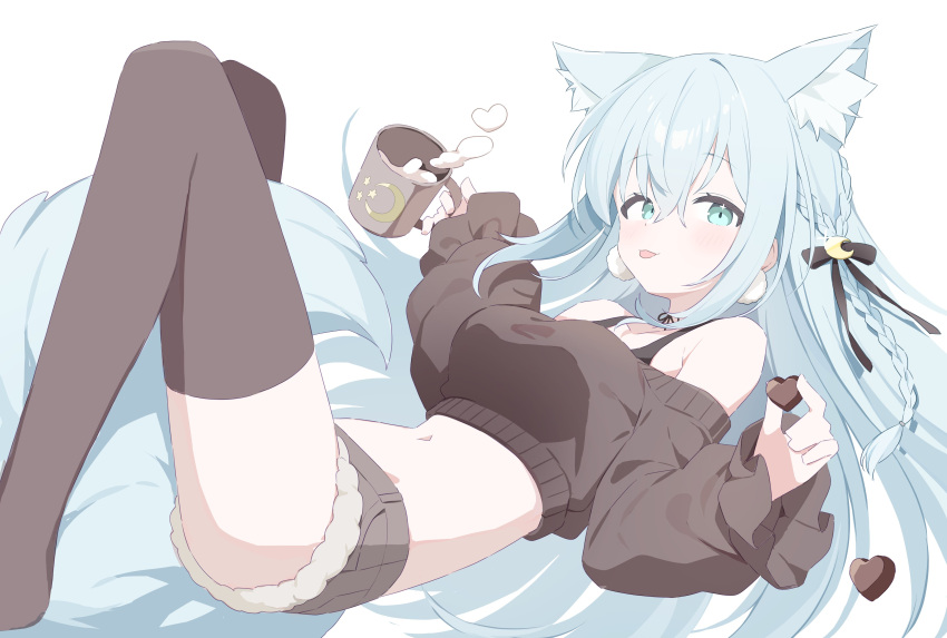 1girl absurdres animal_ears aqua_eyes bare_shoulders between_legs black_thighhighs blue_hair crop_top cup fox_ears fox_tail hair_between_eyes highres holding holding_cup long_hair lying midriff navel off-shoulder_sweater off_shoulder original short_shorts shorts simple_background solo sweater tail tail_between_legs thigh-highs tongue tongue_out urotsuki_(2013.04) very_long_hair virtual_youtuber white_background