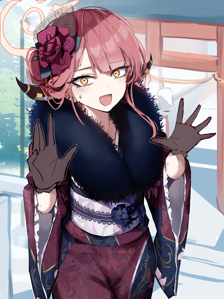 1girl absurdres aru_(blue_archive) aru_(new_year)_(blue_archive) blue_archive blush brown_gloves brown_horns demon_horns fur-trimmed_kimono fur_trim gloves halo highres horns japanese_clothes kimono long_hair long_sleeves obi official_alternate_costume open_mouth pink_hair pink_halo red_kimono sash solo sstthei wide_sleeves yellow_eyes