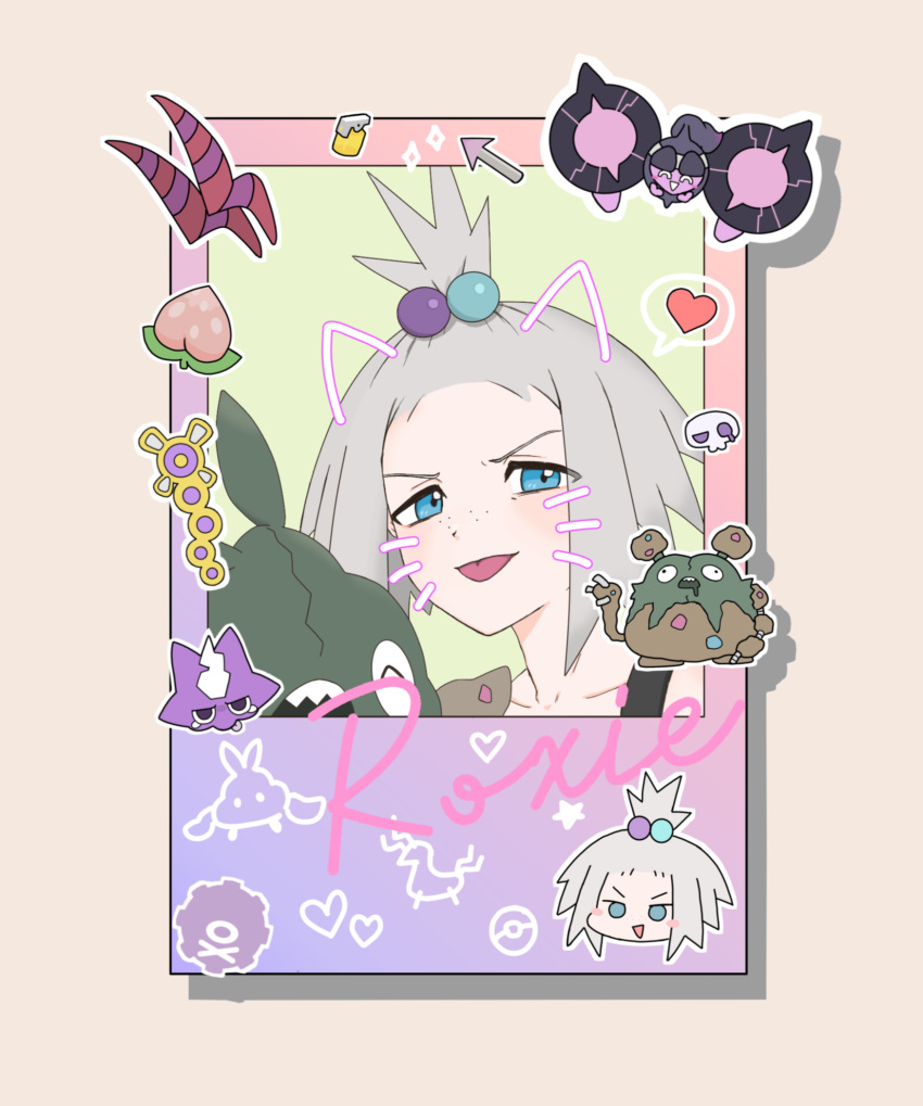 1girl arrow_(symbol) berry_(pokemon) blue_eyes card character_name collarbone commentary_request freckles garbodor grey_hair hair_bobbles hair_ornament heart highres jiang_jiang_(swpv5248) koffing looking_at_viewer pecharunt poke_ball_print pokemon pokemon_(creature) pokemon_bw2 roxie_(pokemon) scolipede spoken_heart star_(symbol) tongue tongue_out topknot toxel trubbish