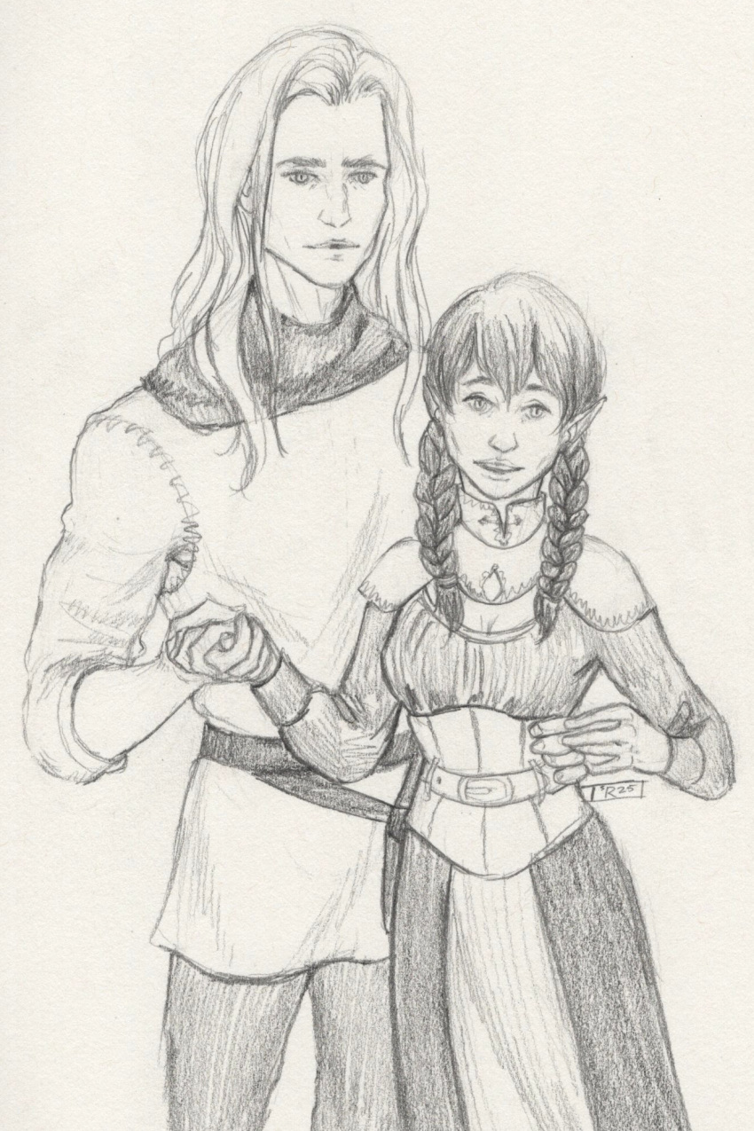 1boy 1girl armor belt braid breasts cleavage clothing commission commissioner_upload couple dress ears elf euphemy_sylvaine female graphite_(medium) height_difference hetero high_resolution holding_hands husband_and_wife large_breasts long_hair looking_at_viewer male morthen_ordenath_ildor official_art pointy_ears restlittleplum skirt smile standing tied_hair traditional_media twin_braids ways_of_darkness_(series)