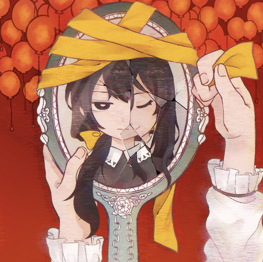 1girl :| apricot_(vocaloid) black_dress black_eyes black_hair bow bright_pupils broken_mirror cai_(cabbage_0j0) closed_eyes closed_mouth collared_dress commentary dress glaring hair_bow hair_down hair_over_shoulder hand_mirror highres holding holding_mirror holding_ribbon long_hair long_sleeves looking_at_viewer low_ponytail mirror pov pov_hands red_background reflection ribbon simple_background smile split_theme through_mirror too_many_balloons vocaloid white_pupils white_sleeves yellow_bow yellow_ribbon