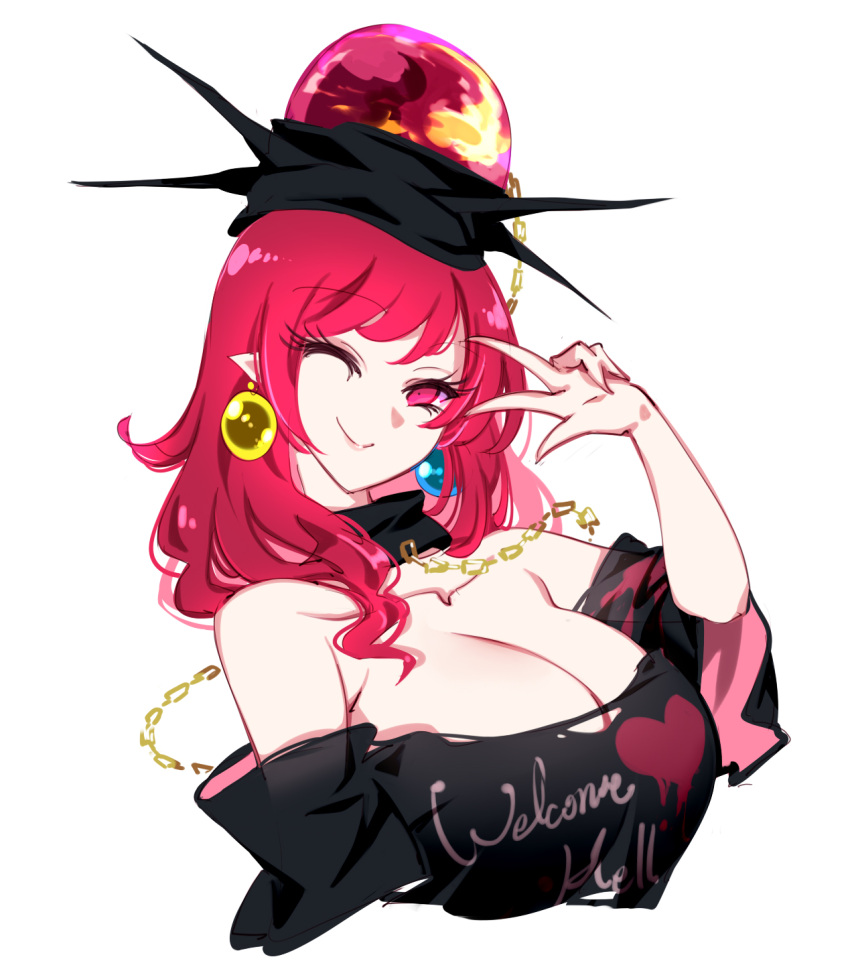 1girl black_shirt choker earrings hecatia_lapislazuli highres jewelry off-shoulder_shirt off_shoulder one_eye_closed pointy_ears raptor7 red_eyes redhead shirt simple_background smile solo t-shirt touhou white_background