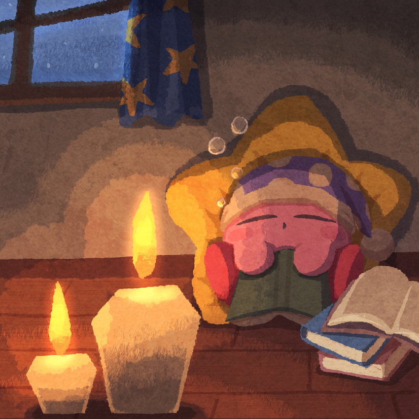 book bubble candle curtains fire indoors kirby kirby_(series) miclot no_humans open_book polka_dot sleeping sleeping_upright solo window