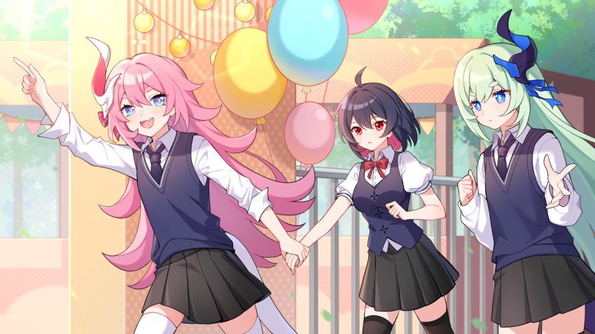3girls :d ahoge balloon black_hair black_necktie black_skirt black_vest blue_eyes blue_hair blue_vest bow bowtie chinese_commentary closed_mouth collared_shirt gou_lianlian_dogface green_hair hair_between_eyes handshake highres holding holding_balloon holding_hands honkai_(series) honkai_impact_3rd horns liliya_olenyeva long_hair long_sleeves looking_at_viewer multiple_girls necktie open_mouth outdoors pink_hair pleated_skirt pointing polo_shirt red_bow red_eyes redhead rozaliya_olenyeva school_uniform seele_(alter_ego) seele_vollerei shirt short_hair short_sleeves siblings single_horn sisters skirt smile summer_uniform sweater_vest tail thigh-highs tree twins v vest white_shirt