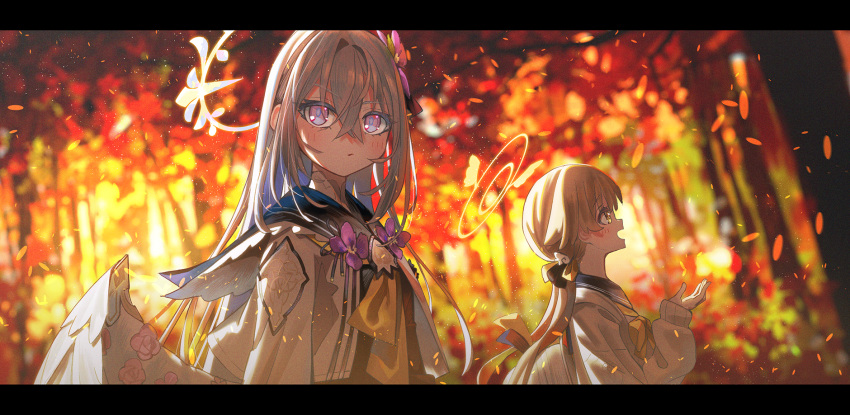 2girls angel_wings autumn autumn_leaves azusa_(blue_archive) black_dress blue_archive cardigan closed_mouth dress feathered_wings halo hifumi_(blue_archive) highres jacket light_brown_hair long_hair low_twintails miyoshi_nao_(miyoshist) multiple_girls open_clothes open_jacket open_mouth pink_eyes smile twintails white_cardigan white_hair white_jacket white_wings wings yellow_halo