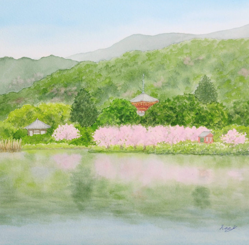architecture building cherry_blossoms east_asian_architecture highres lake mountain mountainous_horizon naoy_watercolor original painting_(medium) reflection reflective_water scenery traditional_media tree water watercolor_(medium)