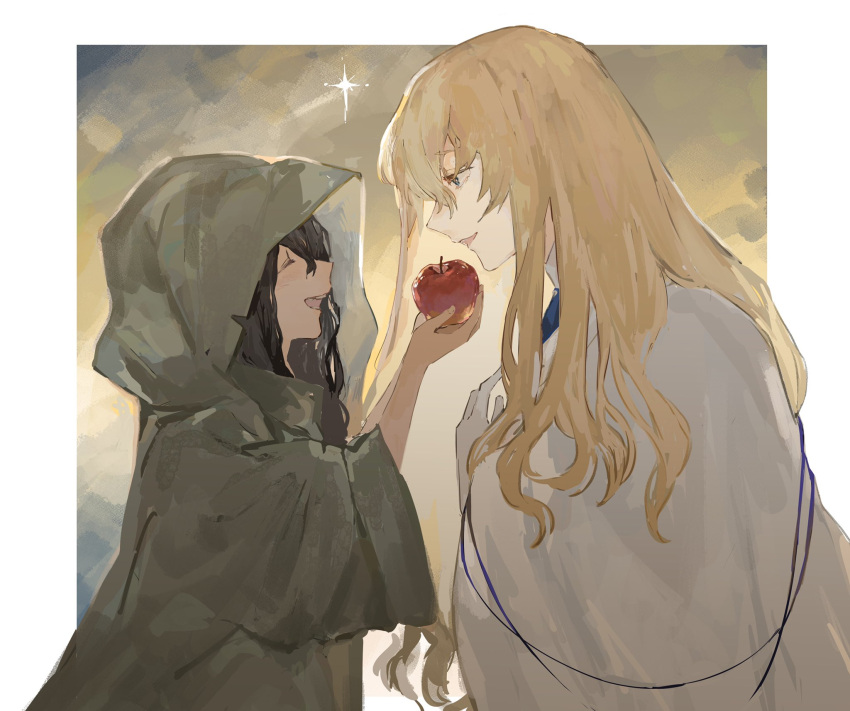 2boys apple ascot black_hair blonde_hair blue_ascot blue_eyes cape closed_eyes fate/grand_order fate_(series) food from_side fruit gloves hair_between_eyes hand_up hands_up highres holding holding_food holding_fruit hood hood_up kirschtaria_wodime long_hair long_sleeves looking_at_another male_focus multiple_boys open_mouth pino_(fate) profile raincoat red_apple smile star_(sky) surume_(su1193) teeth upper_body upper_teeth_only wavy_hair white_cape white_gloves wide_sleeves