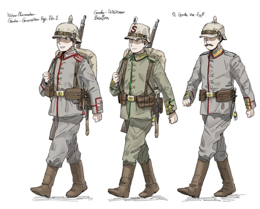 3boys anyan_(jooho) bolt_action brown_footwear facial_hair german_army german_empire german_text green_jacket green_pants grey_jacket grey_pants gun highres jacket looking_at_another male_focus mauser_98 military_uniform multiple_boys mustache original pants rifle smile uniform walking weapon white_background yellow_headwear