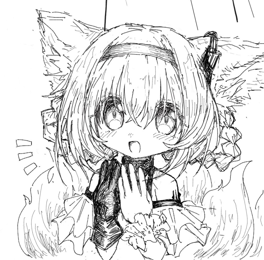 1girl animal_ears arknights bare_shoulders blush braid braided_hair_rings earpiece fox_ears fox_girl fox_tail frilled_sleeves frills gloves hair_rings hairband kitsune kyuubi looking_at_viewer monochrome multiple_tails notice_lines open_mouth oripathy_lesion_(arknights) reitoubeef short_sleeves single_glove single_wrist_cuff solo suzuran_(arknights) tail twin_braids upper_body wrist_cuffs