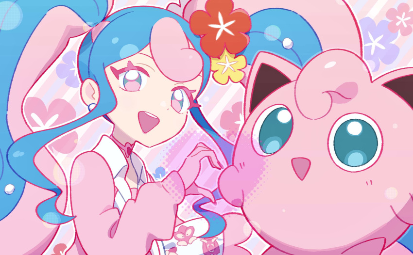 1girl bull_sprite_(pokemon) cardigan choker earrings fairy_miku_(project_voltage) flower hair_flower hair_ornament hatsune_miku heart heart_choker highres jewelry jigglypuff long_hair looking_at_viewer multicolored_hair nail_polish open_mouth pink_cardigan pink_nails pokemon pokemon_(creature) project_voltage rii_(mrhc7482) twintails two-tone_hair very_long_hair vocaloid