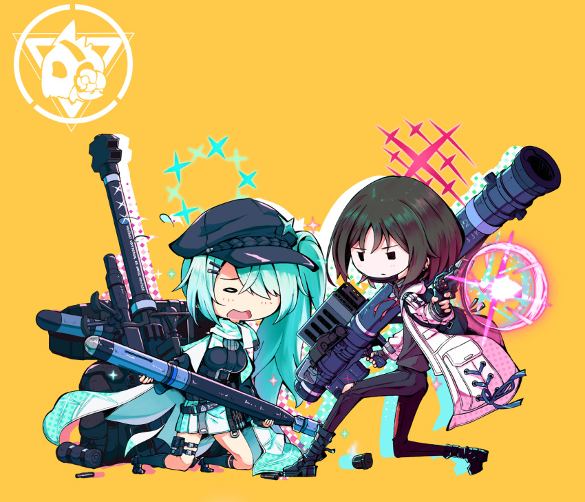 2girls anti-materiel_rifle aqua_hair backpack bag belt_pouch blue_archive brown_hair closed_mouth denim fim-92_stinger fingerless_gloves firing gloves gun hair_ornament hairclip halo handgun hat highres hiyori_(blue_archive) hood hoodie jacket jeans kneeling long_hair misaki_(blue_archive) multiple_girls ntw-20 on_one_knee open_mouth pants pouch revolver rifle rocket_launcher scarf shell_casing shibuya_susano short_hair side_ponytail sniper_rifle torn_clothes torn_jeans torn_pants very_long_hair weapon white_jacket yellow_background