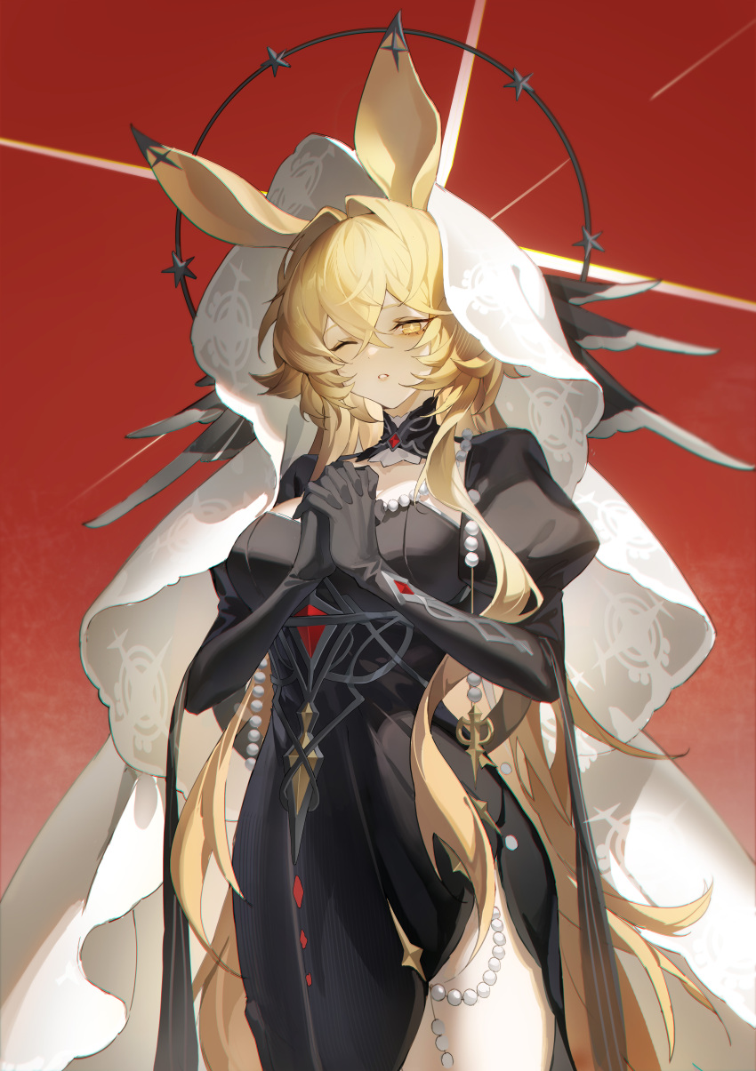 1girl absurdres animal_ears arknights black_dress black_gloves blonde_hair breasts dorothy_(arknights) dorothy_(hand_of_destiny)_(arknights) dress gloves highres large_breasts long_hair madao one_eye_closed own_hands_together red_background side_slit veil yellow_eyes