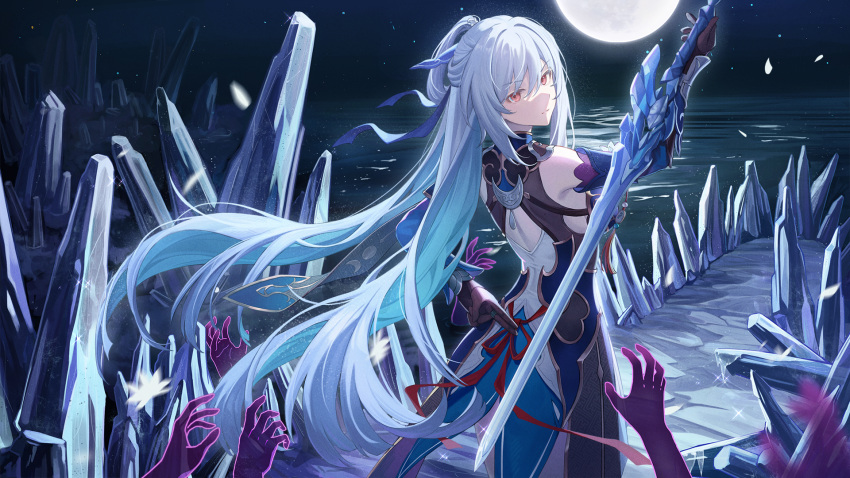 1girl arm_behind_back arm_up back_cutout baseness blue_dress blue_hair blue_ribbon blue_sleeves closed_mouth clothing_cutout commentary_request cowboy_shot detached_sleeves dress expressionless from_behind full_moon highres honkai:_star_rail honkai_(series) huge_moon ice_shard jingliu_(honkai:_star_rail) light_blue_hair long_hair looking_at_viewer looking_back moon night outdoors ponytail red_eyes red_ribbon ribbon solo sparkle very_long_hair water