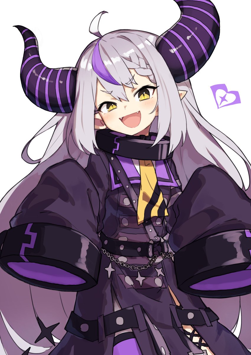 1girl :d absurdres ahoge black_horns blush braid commentary_request eyebrows_visible_through_hair fangs gazacy_(dai) grey_hair highres hololive horns la+_darknesss long_hair looking_at_viewer multicolored_hair pointy_ears purple_hair simple_background sleeves_past_fingers sleeves_past_wrists smile solo streaked_hair striped striped_horns very_long_hair virtual_youtuber white_background yellow_eyes