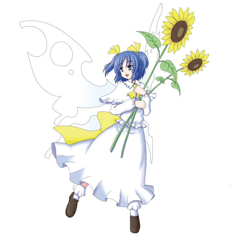 blue_eyes blue_hair fairy flower gomi_(gomitin) gomi_(pixiv) highres solo sunflower sunflower_fairy touhou transparent_background wings