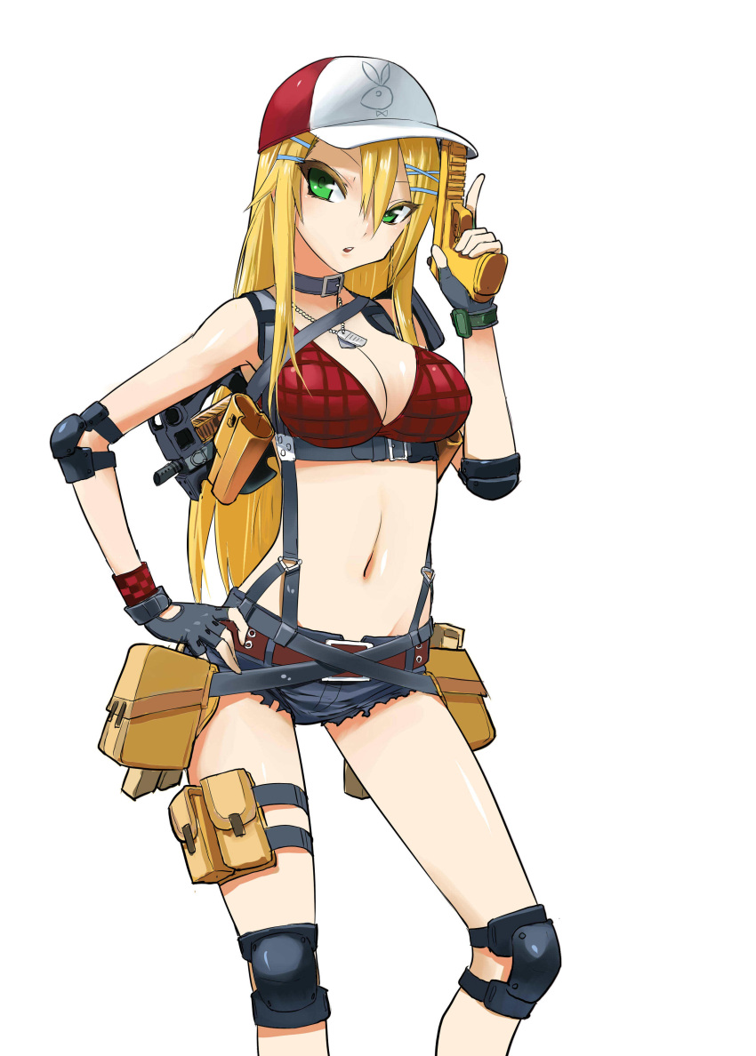 armpit_holster blonde_hair breasts bullpup cleavage collar cutoffs dog_tags elbow_pads fingerless_gloves gloves green_eyes gun hands highres hk33 holster hot_pants jewelry knee_pads long_hair midriff navel necklace p90 pistol playboy pouch shiny shiny_skin short_shorts shorts submachine_gun suspenders torn_clothes trigger_discipline weapon