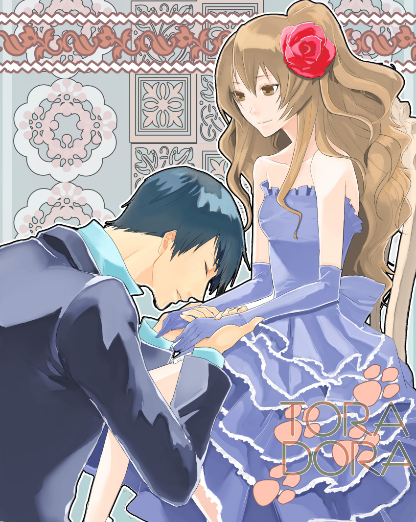 aisaka_taiga art_nouveau blue_hair brown_eyes brown_hair closed_eyes elbow_gloves flower formal gloves gown highres long_hair noppo rose short_hair takasu_ryuuji toradora!