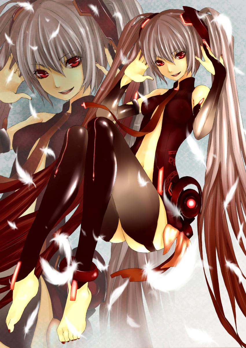 absurdres bad_id belt elbow_gloves feathers fingerless_gloves gloves gradient_hair hatsune_miku highres legs long_hair miku_append multicolored_hair navel necktie red_eyes red_hair redhead roku_(hikokeng) silver_hair smile solo toeless_socks twintails very_long_hair vocaloid vocaloid_append