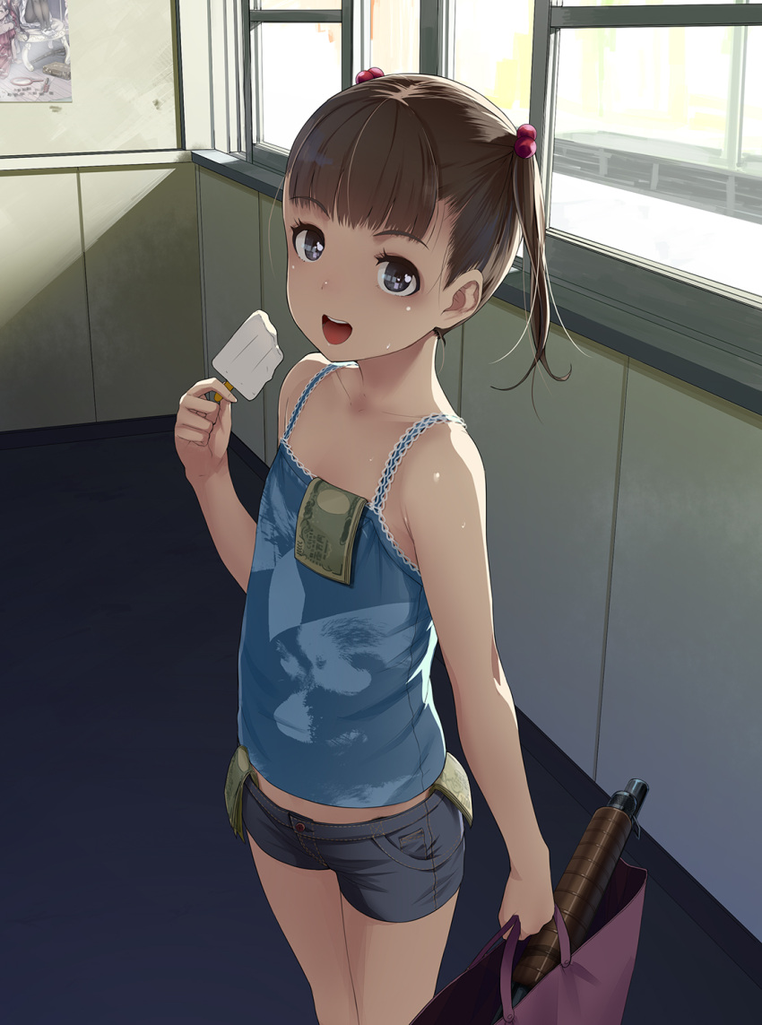 1girl :d bangs bare_arms bare_shoulders blue_camisole blue_eyes blue_shorts blush brown_hair camisole collarbone commentary_request day denim denim_shorts eyebrows_visible_through_hair food hair_bobbles hair_ornament highres holding holding_bag holding_food indoors long_hair looking_at_viewer money open_mouth original pocket popsicle short_shorts shorts sleeveless smile sody solo standing twintails window