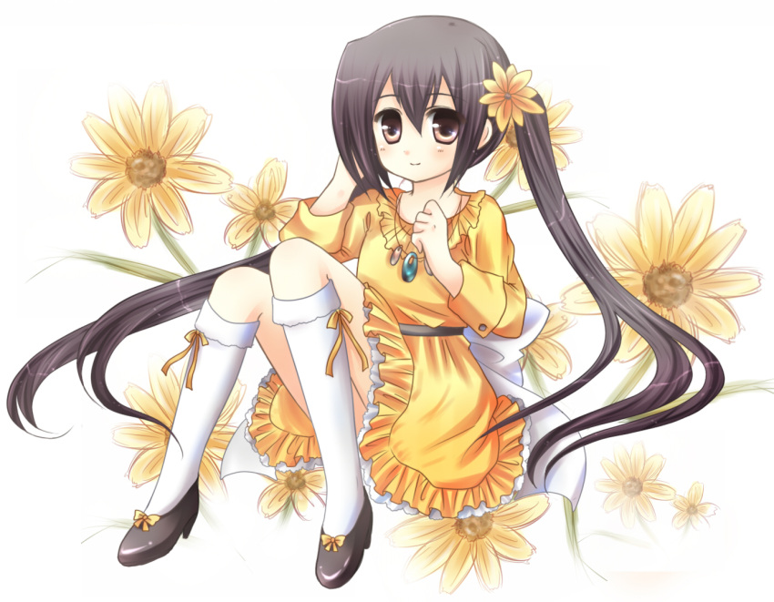 1girl bad_id black_hair brown_eyes closed_mouth dress flower frilled_skirt frills k-on! kouta. long_hair nakano_azusa smile solo twintails white_kneehighs