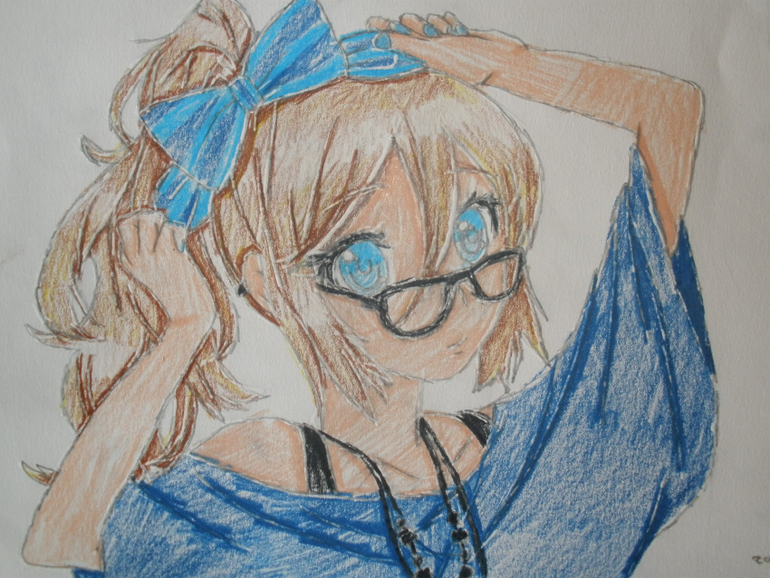 anime black blue_dress blue_eyes brown_hair dress glasses neckle
