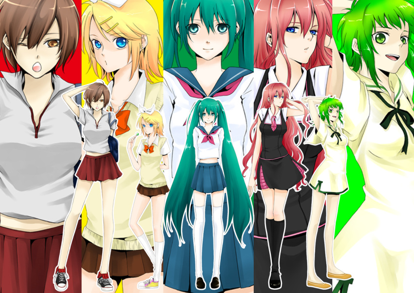 aqua_eyes aqua_hair blonde_hair blue_eyes brown_eyes brown_hair column_lineup gumi hair_ornament hair_ribbon hairclip hatsune_miku kagamine_rin long_hair megurine_luka meiko multiple_girls naoko pink_hair ribbon school_uniform serafuku short_hair thigh-highs thighhighs twintails very_long_hair vocaloid zettai_ryouiki