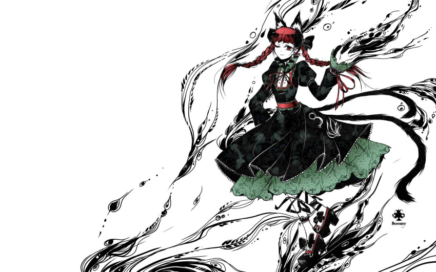 animal_ears bow braid cat_ears cat_tail hair_bow highres kaenbyou_rin multiple_tails soemy spot_color tail touhou wallpaper