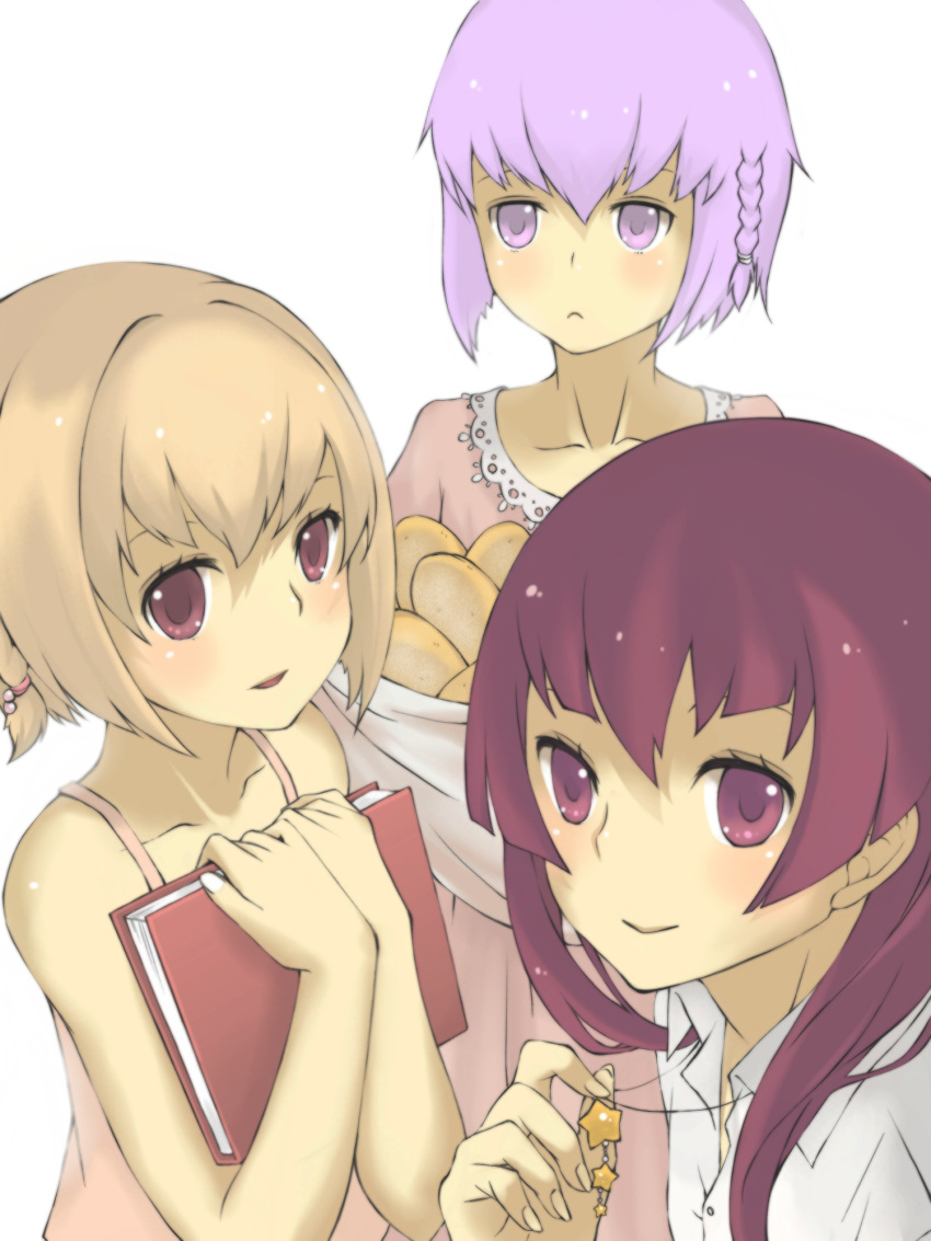 3girls alternate_hairstyle aquariumtama ar_tonelico ar_tonelico_iii blonde_hair book braid bread finnel food gust hair_bobbles hair_down hair_ornament highres jewelry multiple_girls necklace pink_eyes purple_eyes purple_hair saki_(ar_tonelico) short_hair smile tilia twin_braids violet_eyes