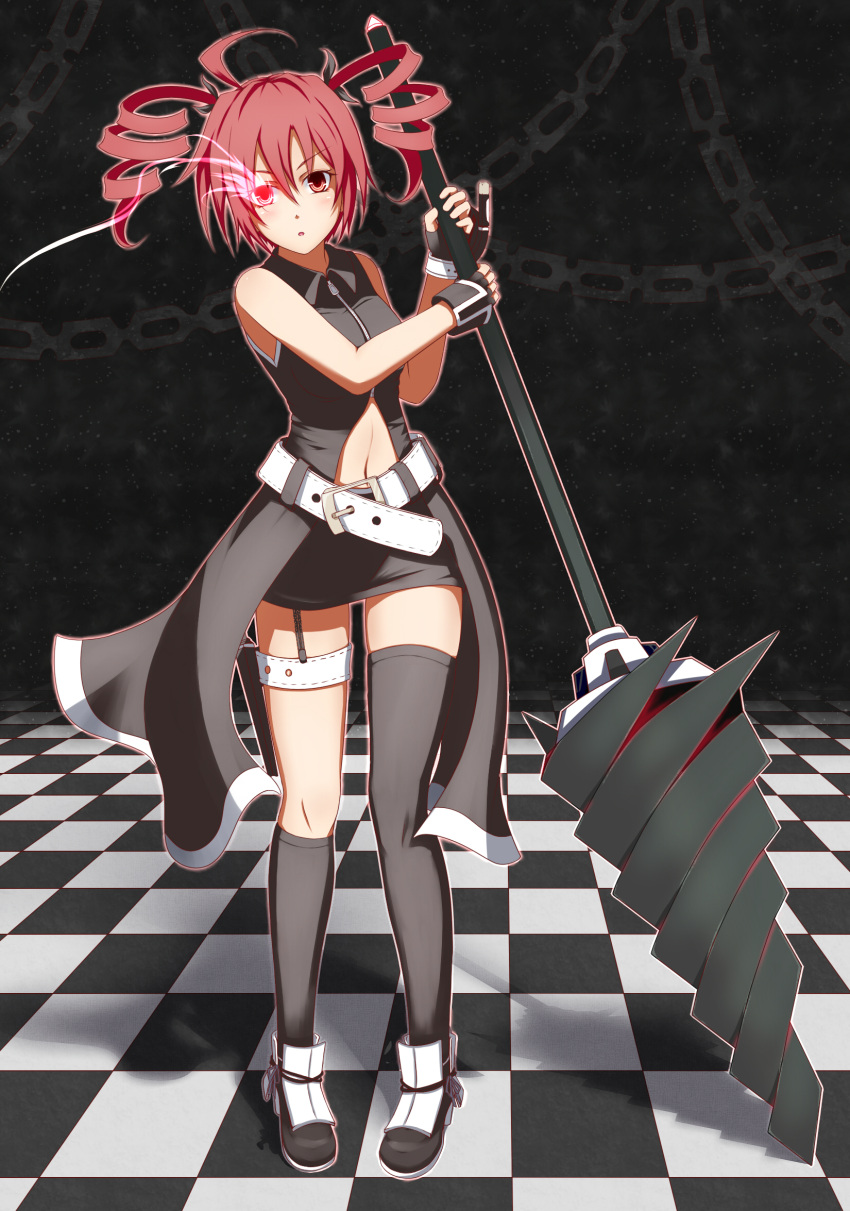 astn asymmetrical_clothes belt black_rock_shooter black_rock_shooter_(character) black_rock_shooter_(cosplay) chain checkered checkered_floor cosplay detached_sleeves drill drill_hair gloves glowing glowing_eyes highres kasane_teto navel red_eyes red_hair redhead skirt solo thighhighs twintails utau weapon