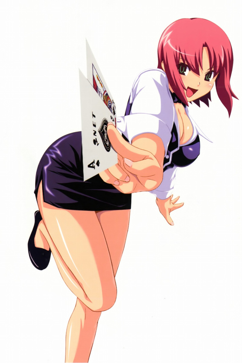 card cleavage croupier highres holding holding_card koutaro large_breasts legs long_legs miniskirt pink_hair rio_rollins skirt solo super_blackjack thighs