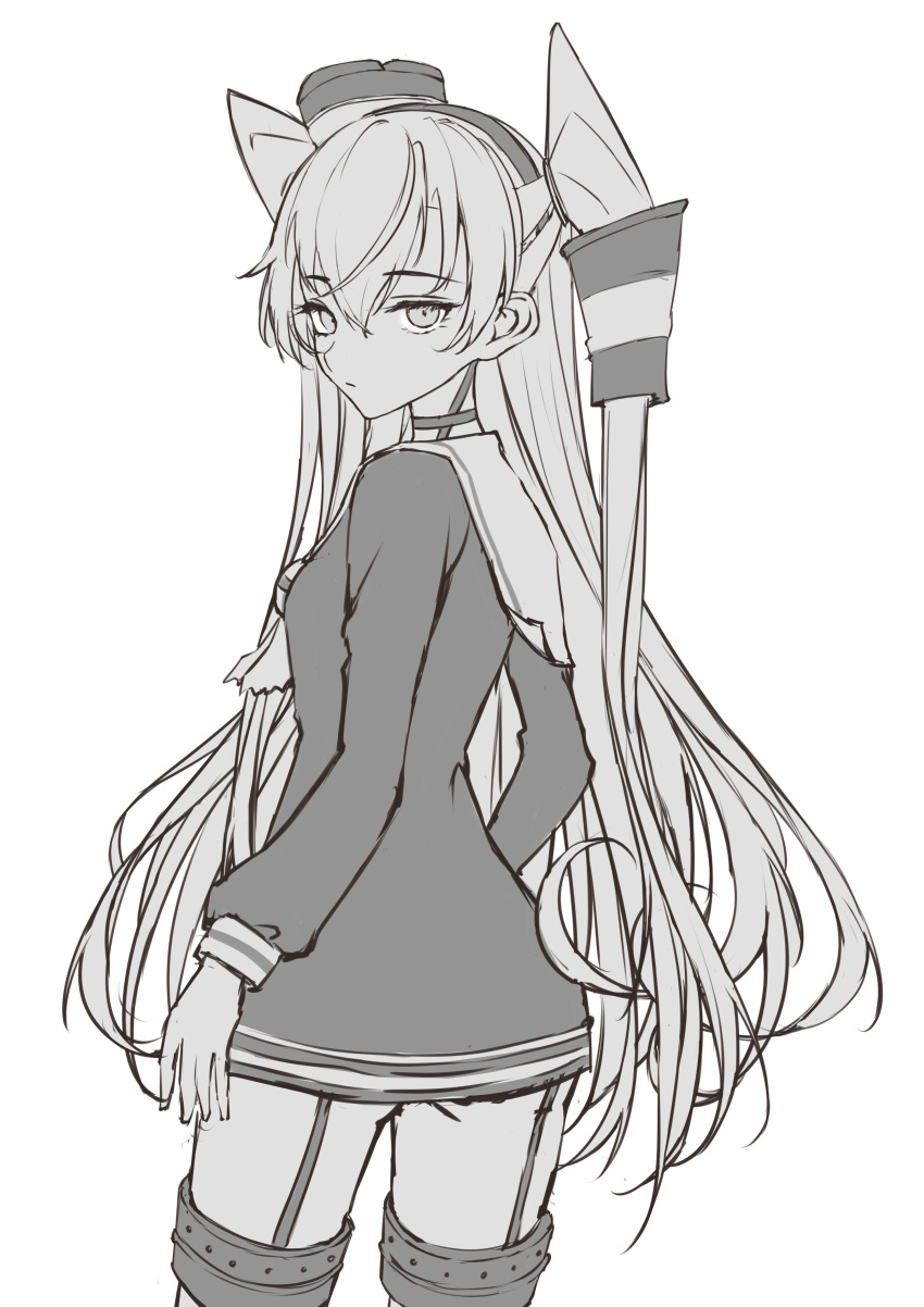 1girl absurdres amatsukaze_(kancolle) dress from_behind garter_straps greyscale hair_tubes hat highres kantai_collection long_hair looking_at_viewer looking_back mini_hat monochrome neckerchief neve_(morris-minicooper) sailor_dress smokestack_hair_ornament solo thigh-highs two_side_up