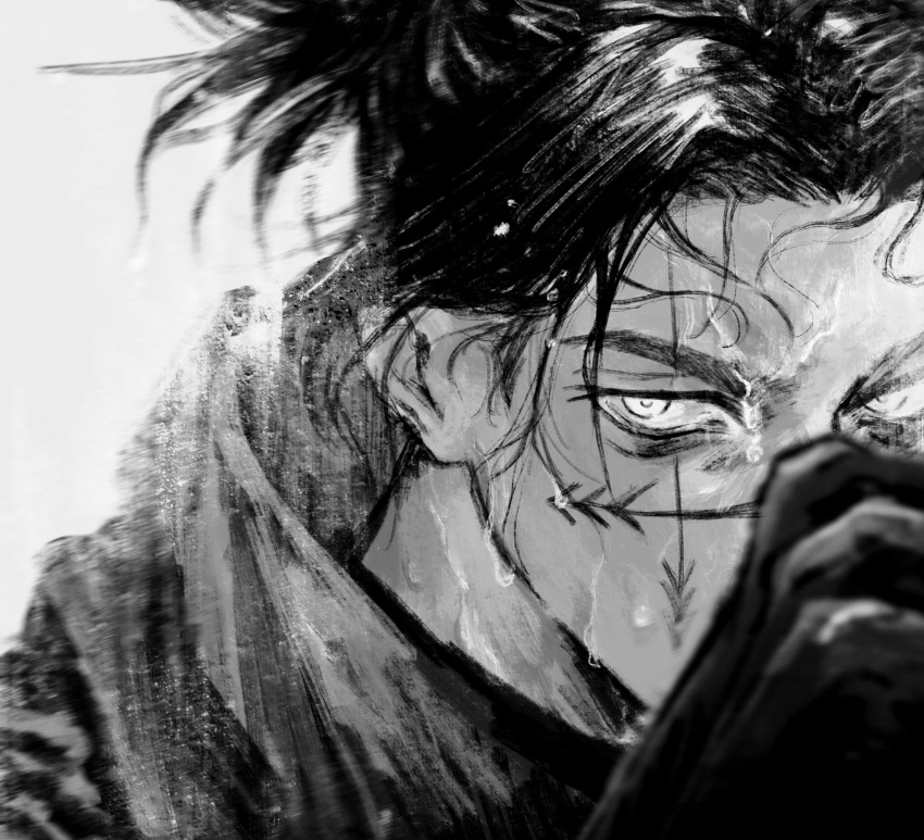 1boy choso_(jujutsu_kaisen) facial_tattoo greyscale hand_up highres jujutsu_kaisen looking_at_viewer male_focus monochrome n9c4z short_hair solo tattoo v-shaped_eyebrows wet_face