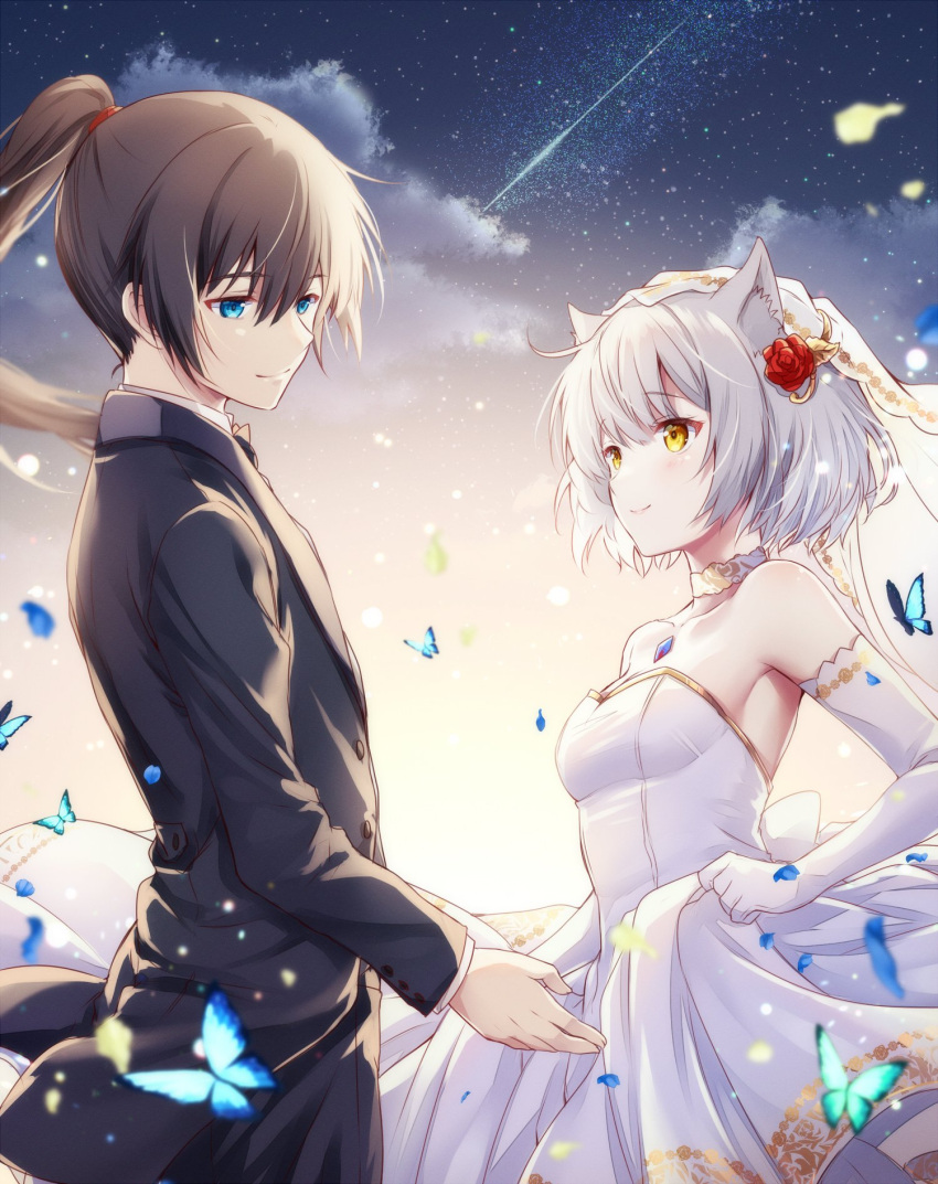 1boy 1girl alternate_costume animal_ear_fluff animal_ears bare_shoulders black_hair black_suit blue_eyes blush bridal_veil bride bug butterfly cat_ears chest_jewel closed_mouth clouds commentary_request core_crystal_(xenoblade) couple dress elbow_gloves flower formal gloves grey_hair groom hair_between_eyes hair_flower hair_ornament hair_tie hetero highres long_hair long_sleeves looking_at_another mio_(xenoblade) noah_(xenoblade) outdoors petals ponytail red_flower red_rose rose shooting_star short_hair sky smile star_(sky) strapless strapless_dress suit ui_frara veil wedding_dress white_dress white_gloves xenoblade_chronicles_(series) xenoblade_chronicles_3 yellow_eyes