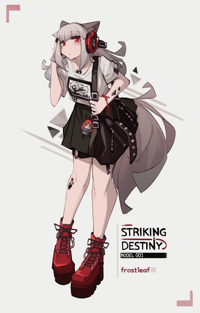 1girl absurdres animal_ear_fluff animal_ears arknights bag black_skirt breasts character_name closed_mouth commentary_request frostleaf_(arknights) full_body grey_background grey_hair hand_up headphones highres long_hair red_eyes red_footwear shirt shoes short_sleeves shoulder_bag simple_background skirt small_breasts solo standing tail togekk0 white_shirt