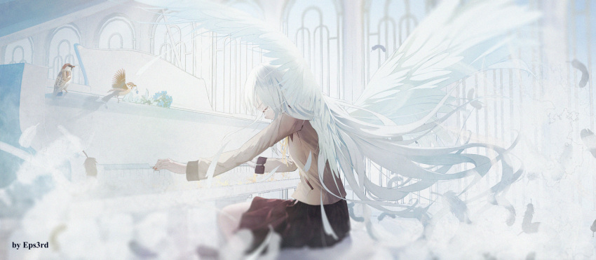 1girl angel_beats! bird brown_jacket eps3rd feathered_wings highres instrument jacket long_hair long_sleeves miniskirt music piano playing_instrument playing_piano pleated_skirt sitting skirt tachibana_kanade very_long_hair white_hair white_wings wings