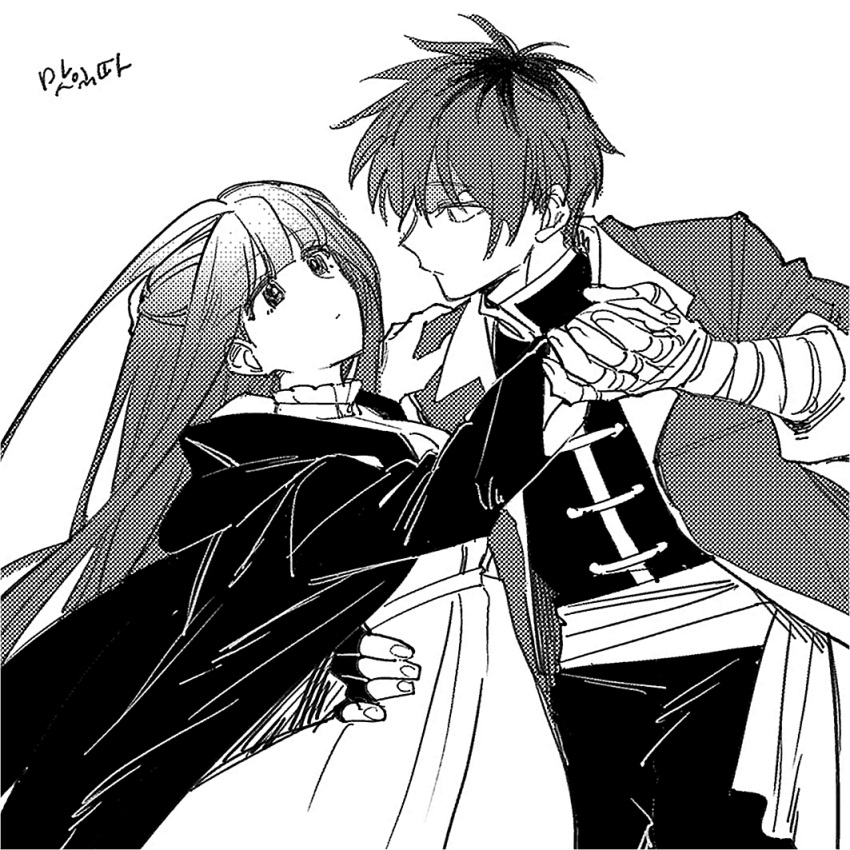 1boy 1girl bandaged_arm bandages black_coat black_pants black_shirt coat collar cowboy_shot dress enoch_(enoch0501) fern_(sousou_no_frieren) fingerless_gloves frilled_collar frills gloves greyscale hand_on_another's_shoulder hand_on_another's_waist korean_text long_hair long_sleeves looking_at_another monochrome multicolored_hair pants sash shirt short_hair sousou_no_frieren stark_(sousou_no_frieren) straight_hair two-tone_hair white_background white_dress white_sash