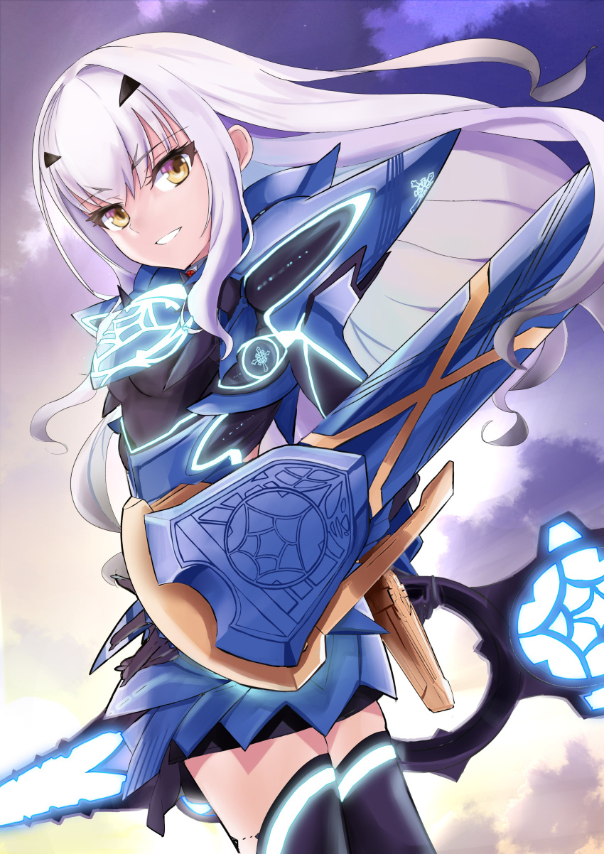 1girl absurdres armor black_gloves breasts brown_eyes fate/grand_order fate_(series) forked_eyebrows gloves grey_hair highres holding holding_weapon kebab_(blackdoll) long_hair melusine_(fate) pauldrons shoulder_armor small_breasts smile thigh-highs weapon