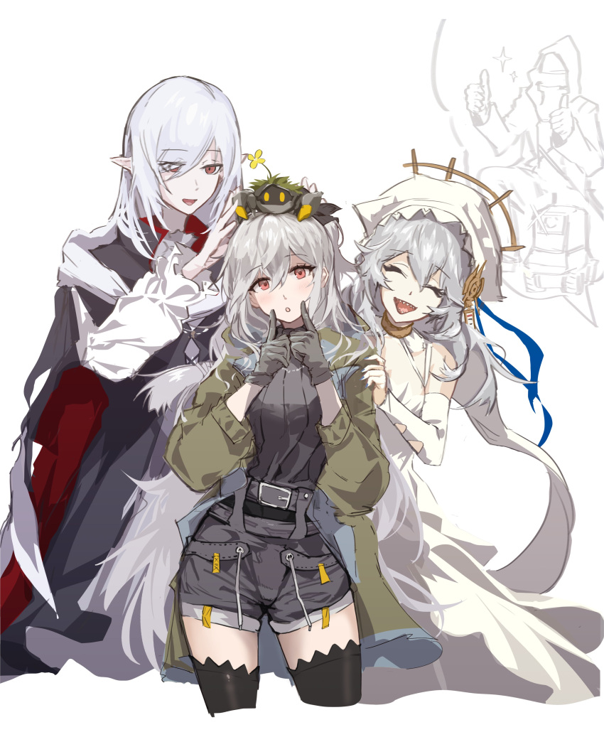 1other 3girls absurdres arknights black_gloves black_jacket black_thighhighs blush closed_eyes commentary_request creature_on_head cropped_legs doctor_(arknights) dress gladiia_(arknights) gladiia_(return)_(arknights) gloves green_jacket grey_hair hair_over_one_eye hand_on_another's_head hand_on_another's_shoulder highres jacket long_hair looking_at_viewer metal_crab_(arknights) multiple_girls official_alternate_costume open_mouth pointy_ears red_eyes sharp_teeth shirt skadi_(arknights) skadi_(the_next_afternoon_tea)_(arknights) smile specter_(arknights) specter_the_unchained_(arknights) specter_the_unchained_(born_as_one)_(arknights) teeth thigh-highs thumbs_up utsuke white_dress white_shirt