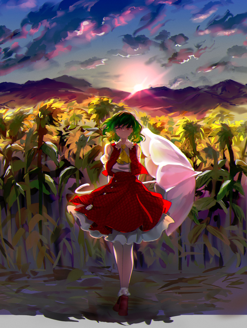 1girl absurdres arms_behind_back ascot blue_sky bobby_socks boots brown_footwear buttons chamaruk checkered_clothes clouds cloudy_sky collared_shirt commentary_request field flower flower_field frilled_shirt_collar frilled_skirt frills full_body green_hair highres holding holding_umbrella kazami_yuuka long_sleeves looking_at_viewer mountain outdoors pink_umbrella plaid plaid_skirt plaid_vest red_eyes red_skirt red_vest shirt skirt sky socks solo standing sunflower sunflower_field sunset touhou umbrella vest white_shirt white_socks yellow_ascot