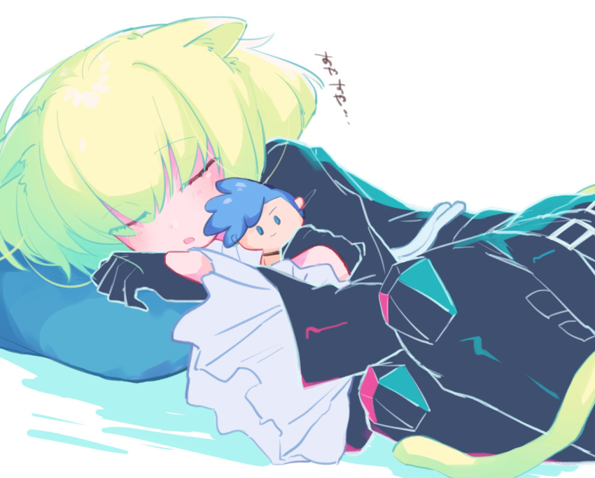 1boy 3yzar65 :o animal_ears bed_sheet black_gloves black_jacket black_pants blonde_hair blue_hair cat_boy cat_ears cat_tail character_doll closed_eyes ears_down frilled_sleeves frills galo_thymos gloves half_gloves head_on_pillow highres jacket knee_pads lio_fotia lying male_focus on_side open_mouth otoko_no_ko pants pillow promare short_hair sleeping solo tail violet_eyes white_background