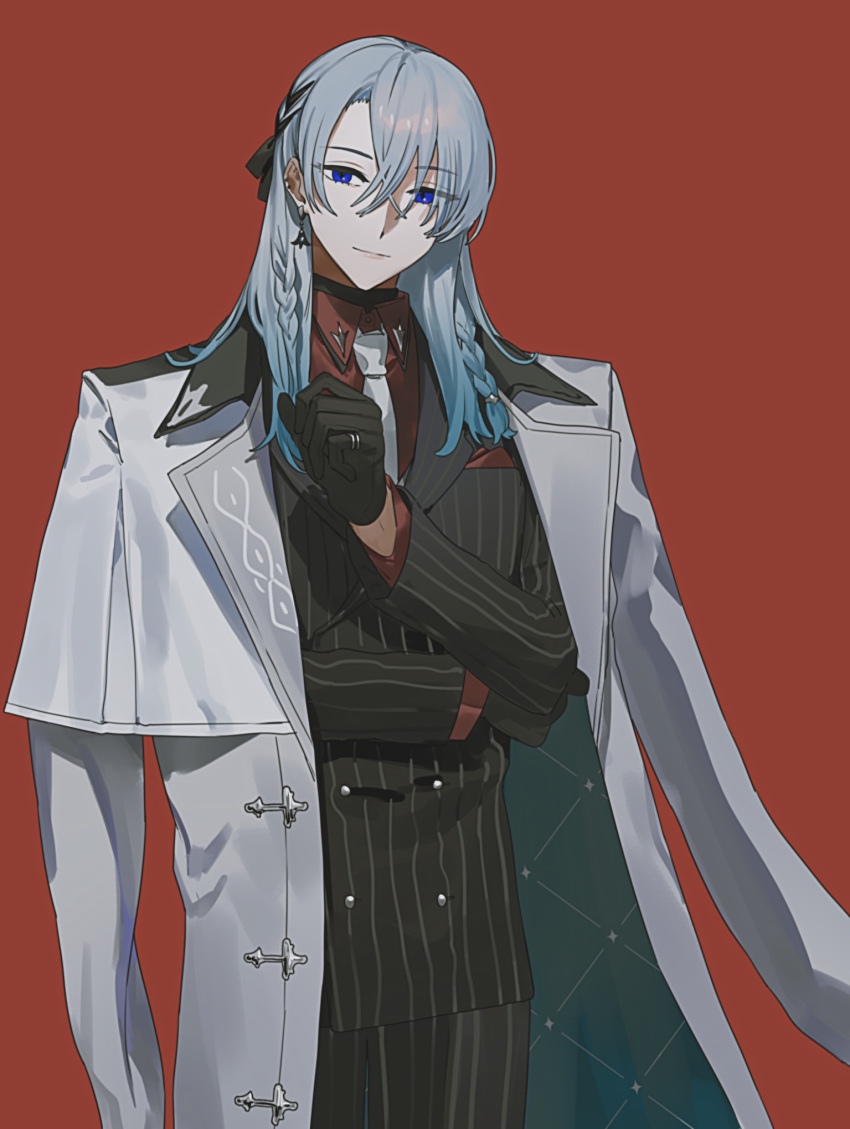 1boy asymmetrical_bangs bishounen black_gloves black_jacket black_pants black_ribbon black_suit blue_eyes blue_hair braid buttons closed_mouth coat coat_on_shoulders collared_shirt cowboy_shot double-breasted ear_piercing earrings french_braid gloves gradient_hair grey_hair hair_between_eyes hair_ribbon hand_on_own_elbow hand_up highres jacket jewelry lapels looking_at_viewer male_focus medium_hair multicolored_hair necktie notched_lapels original pants piercing pinstripe_jacket pinstripe_pants pinstripe_pattern pinstripe_suit red_background red_shirt ribbon ring shirt side_braids simple_background smile solo standing striped suit suit_jacket two-sided_coat two-sided_fabric white_coat white_necktie yumu1059